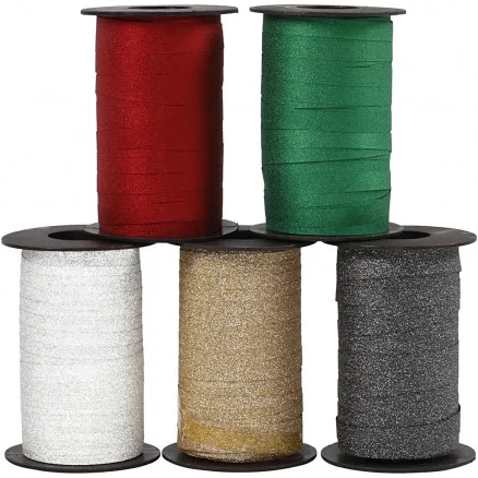 Geschenkband, sortierte Farben, B: 10 mm, Glitzer, 100 m/ 5 St.