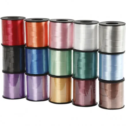Geschenkband, sortierte Farben, B: 10 mm, glänzend, 50 m/15 St.