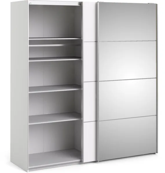 TVILUM Verona Schiebetürenschrank - weisses Holz und Spiegelglas, 2 Schiebetüren mit Regalen
